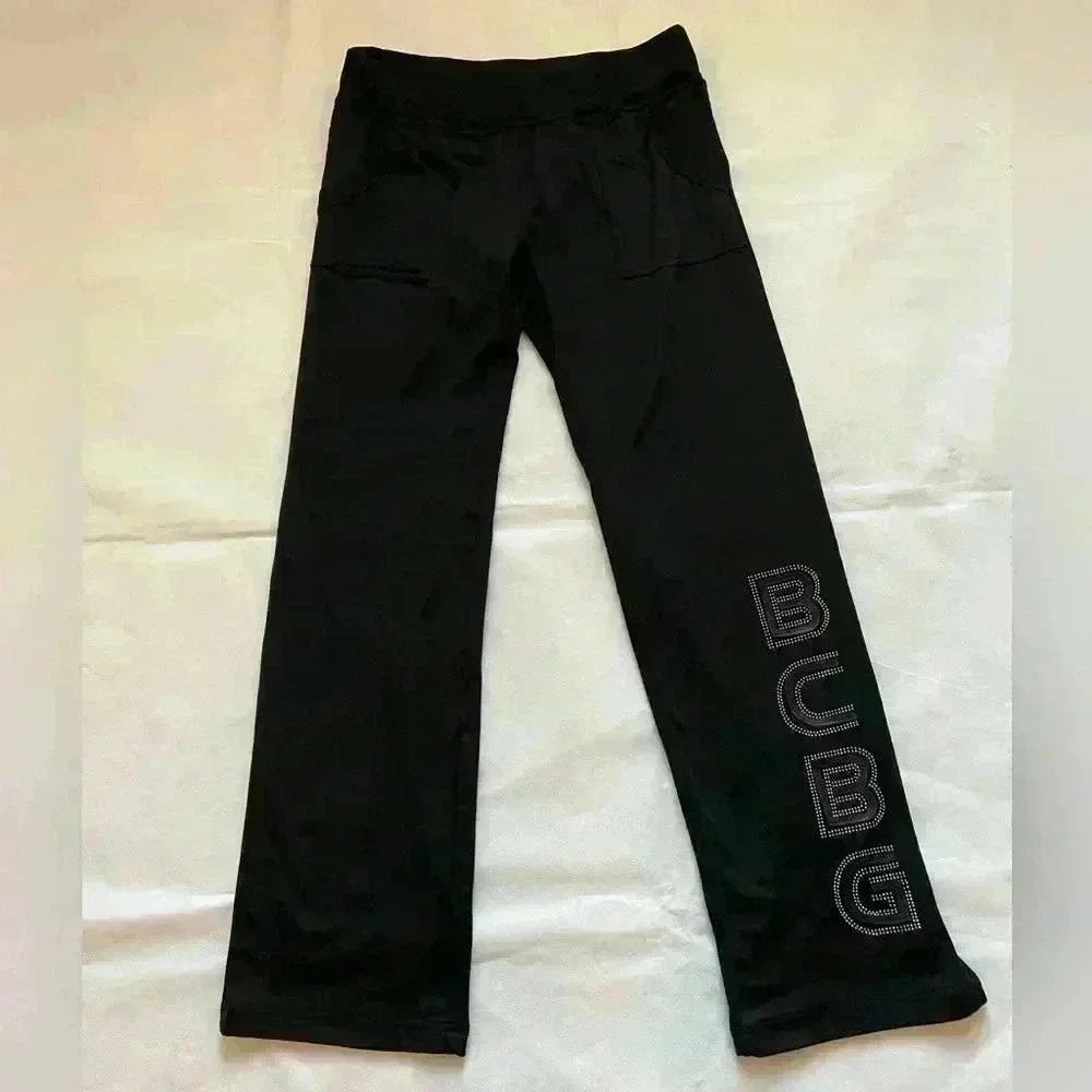 BCBG black‎ leather detail pants flare leg Y2K M